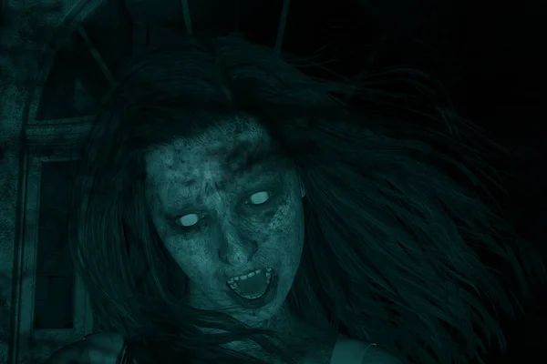 可怕的鬼女人在黑暗、 恐怖酒泉三维图 — 图库照片
