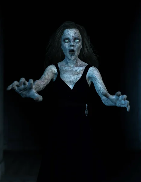 3D çizim, karanlık, korku arka planda korkunç hayalet kadın — Stok fotoğraf