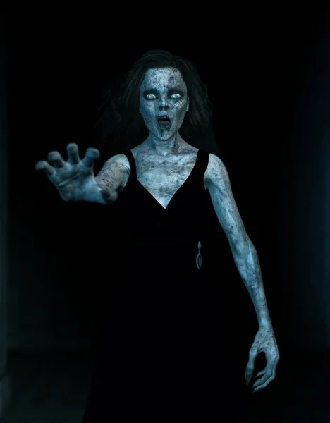 3D-Illustration, gruselige Geisterfrau im Dunkeln, Horror-Hintergrund — Stockfoto