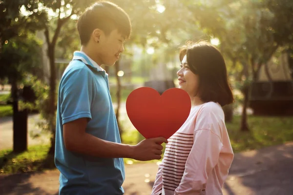 浪漫的年轻情侣在公园里展示爱心和关爱 情人节 — 图库照片