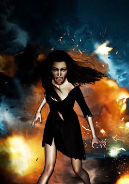 Cehennem, 3d illüstrasyon kavramı arka plan, karışık medya gelen kız 