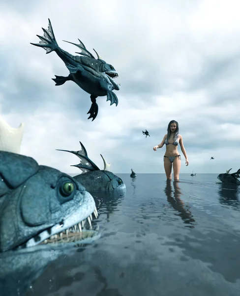 3D-s fantasy illusztráció, nő, hogy támadást a szörny hal, könyvborító, vagy könyv illusztráció koncepció háttér — Stock Fotó
