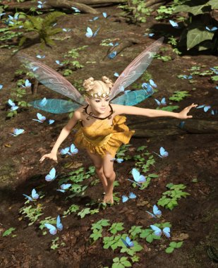 3d rendering of a fairy flying in a magical forest surrounded by flock butterflies clipart
