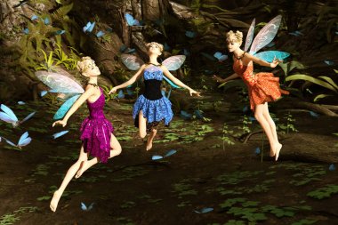3d rendering of a fairies flying in magical forest surrounded by flock butterflies clipart