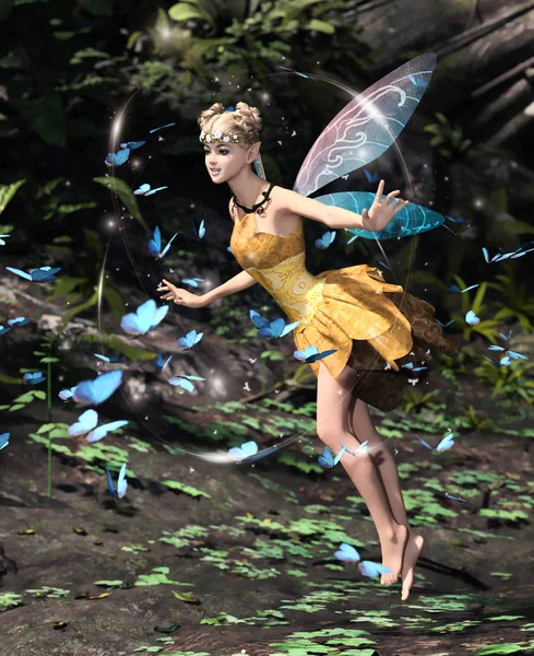 3d rendering of a fairy flying in a magical forest surrounded by flock butterflies — Stock Photo, Image