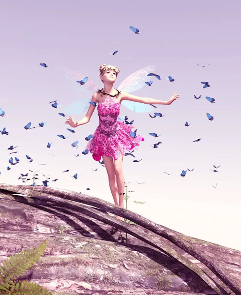 나비 무리에 둘러싸인 하늘에서 나무 줄기에 요정의 3d 렌더링 — 스톡 사진