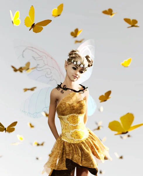 3d 渲染一个仙女在天空中飞翔, 围绕着一群蝴蝶 — 图库照片