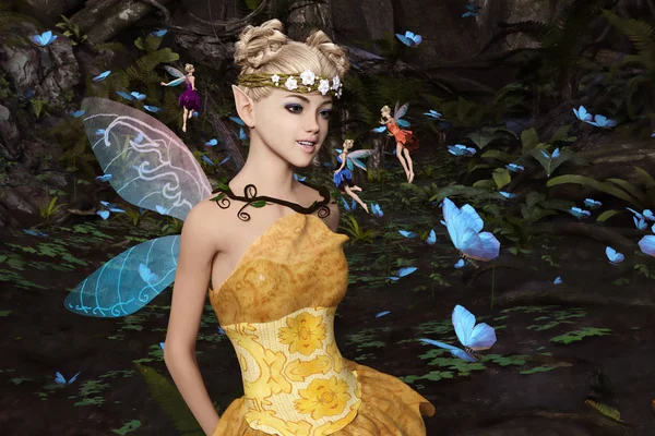 3D vykreslování víly v kouzelný les uprostřed hejna motýlů — Stock fotografie