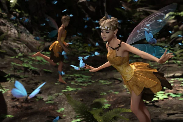 3d візуалізація фей, що літають у магічному лісі в оточенні зграй метеликів — стокове фото