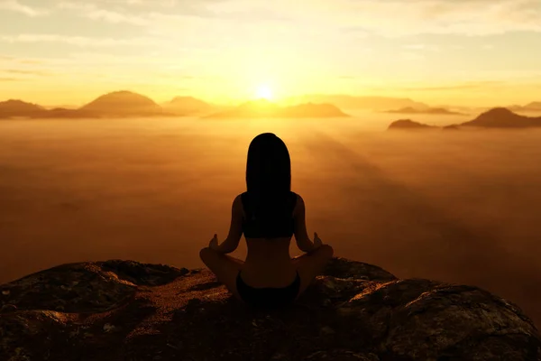 Representación 3d de Mujer haciendo yoga y medita en la montaña — Foto de Stock