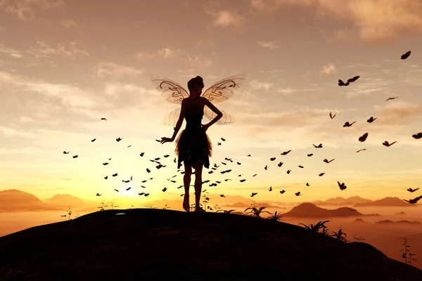 3d rendering of a fairy on a tree trunk on the sky of a sunset or sunrise surrounded by flock butterflies — Stock Photo, Image