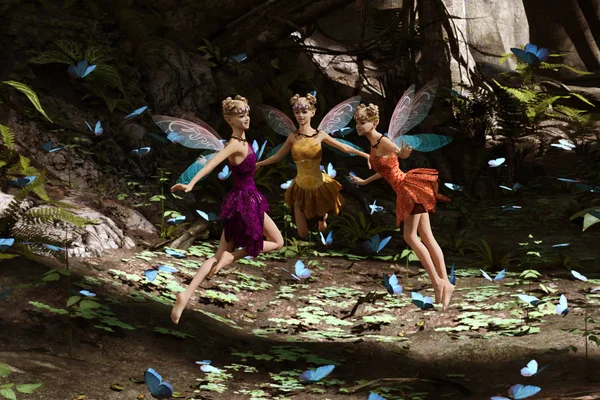 蝶の群れに囲まれた魔法の森を舞う妖精たちの 3 d レンダリング — ストック写真