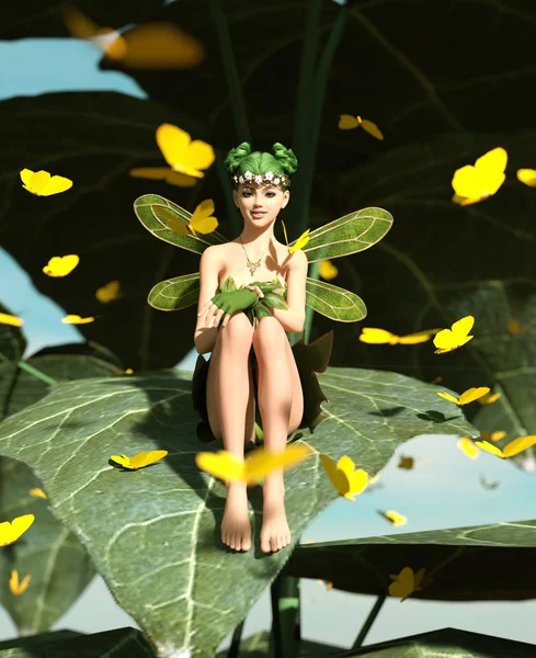 3D рендеринг счастливой феи, сидящей на большом зеленом листе и окруженной стайными бабочками — стоковое фото