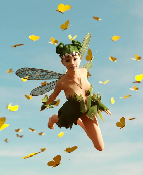 Representación 3d de un hada volando en el cielo rodeado de mariposas bandada —  Fotos de Stock