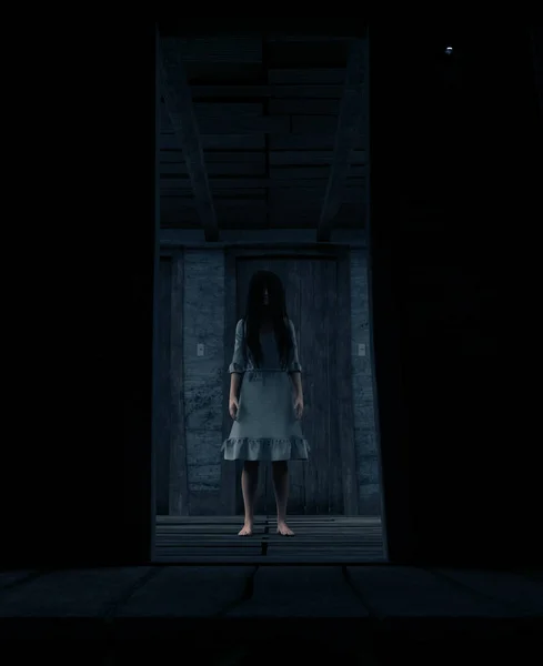 3D-weergave van een spook vrouw in wit in een spookhuis — Stockfoto