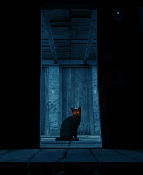 Τρισδιάστατη απεικόνιση του μια μαύρη γάτα που κάθεται σε ένα στοιχειωμένο σπίτι — Φωτογραφία Αρχείου
