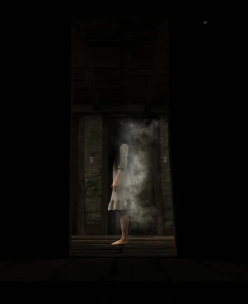 3D-Darstellung einer Geisterfrau in Weiß in einem Geisterhaus — Stockfoto