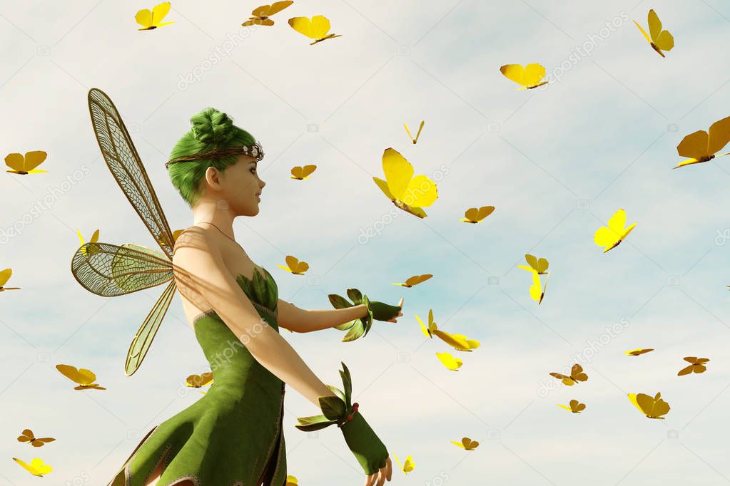 3d rendering of a fairy flying on the sky surrounded by flock butterflies