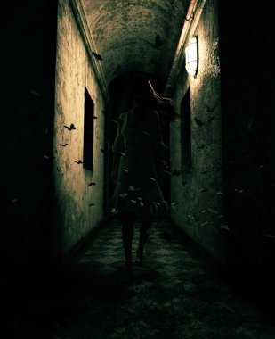 perili ev içinde bir hayalet kadın 3D render