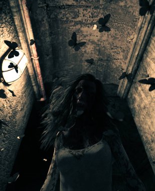 perili ev içinde bir hayalet kadın 3D render