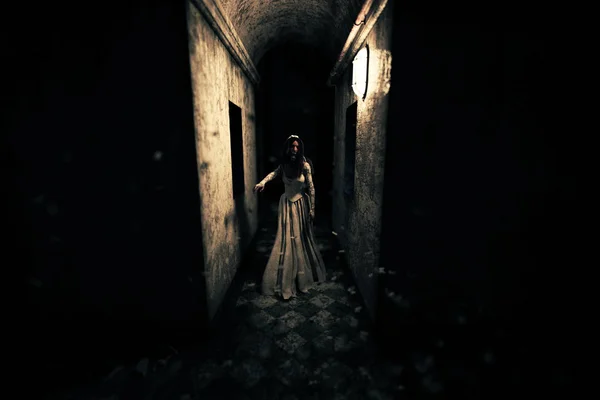 Rendering 3d di una sposa fantasma in una casa infestata — Foto Stock