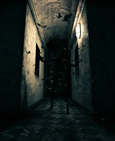 Τρισδιάστατη απεικόνιση του ένα τέρας στο στοιχειωμένο σπίτι — Φωτογραφία Αρχείου