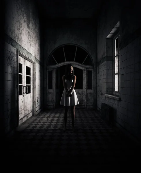 3d rendering of a woman is trying to survive in haunted house — Stock Photo, Image