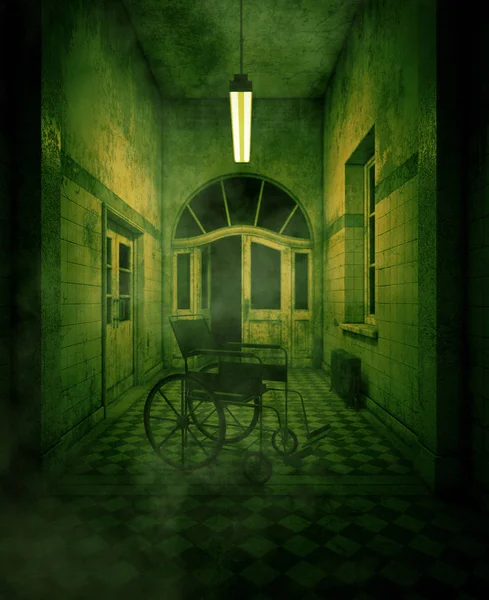 3D-weergave van een rolstoel in spookhuis of asiel — Stockfoto