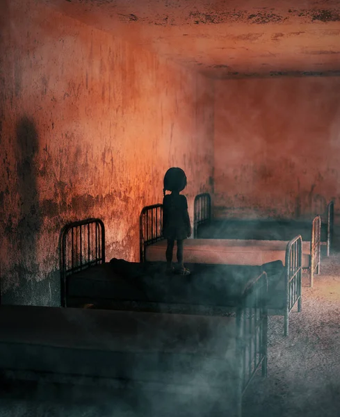 Κορίτσι στέκεται σε ένα κρεβάτι σε εγκαταλειμμένο νοσοκομείο, 3d απεικόνιση — Φωτογραφία Αρχείου