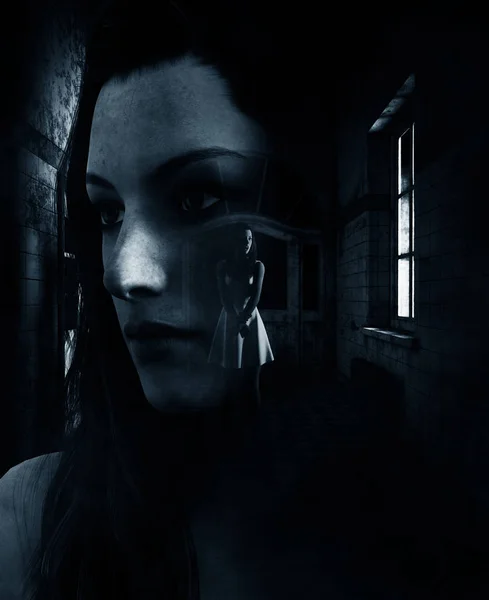 3D рендеринг женщины пытается выжить в доме с привидениями, Бо — стоковое фото