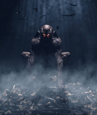 Kemik yığını üzerinde oturan canavar, 3D çizim