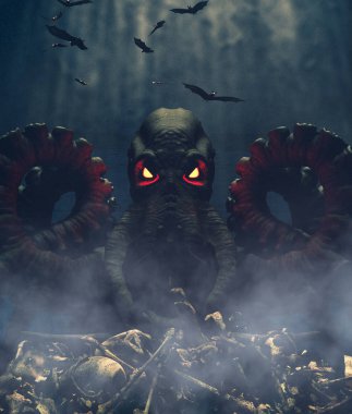 Kemik yığını üzerinde fantezi ahtapot, 3D çizim