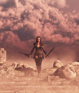 Üç boyutlu kılıçlı kadın fantezi savaşçısı.