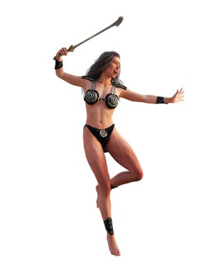 Eski kadın savaşçı pozları, 3 boyutlu kitap kapağı, beyaz arka planda canlandırma.