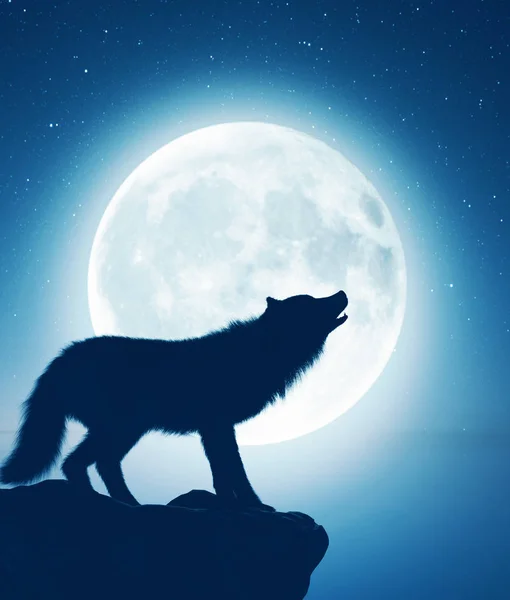 Wolf heult auf dem Mond, 3d Illustration — Stockfoto