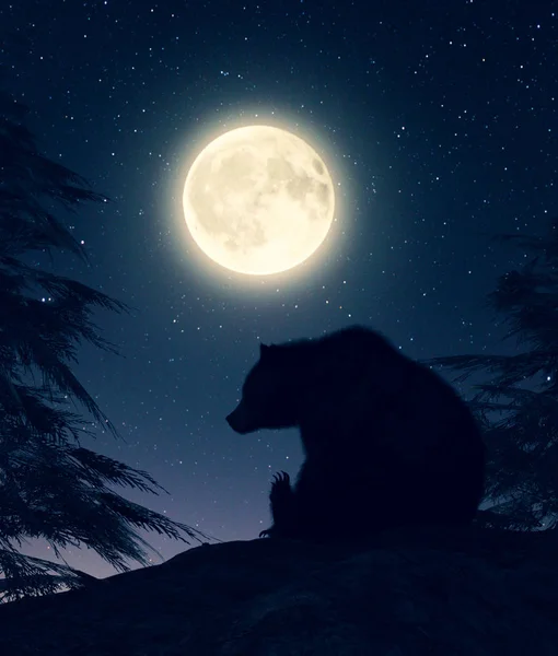 Grizzly medvěd sedí sám pod měsícem, 3D ilustrace — Stock fotografie