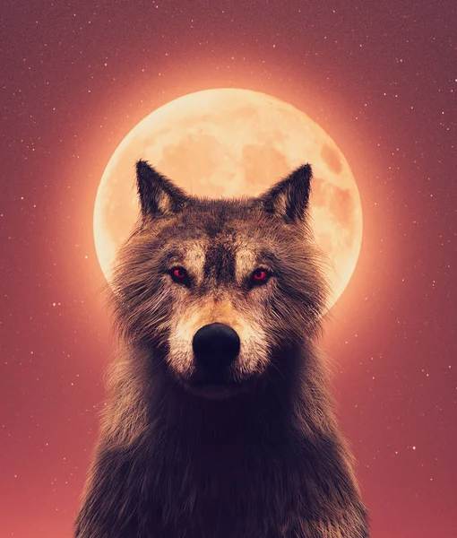 Wolf en de maan, 3D illustratie — Stockfoto