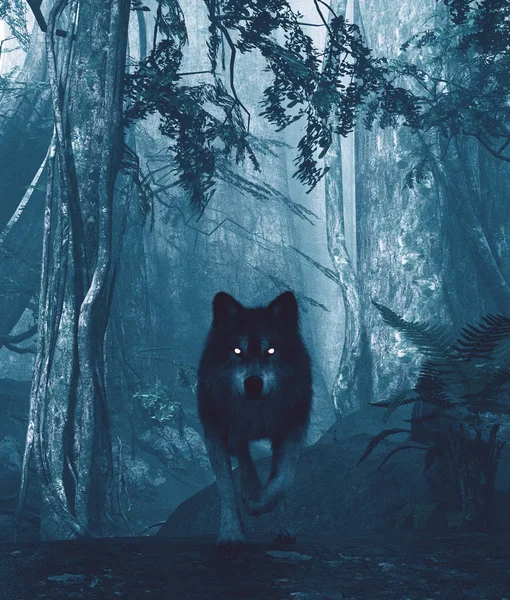 Serigala di hutan yang gelap, ilustrasi 3d — Stok Foto