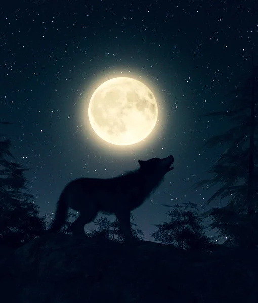 Serigala melolong pada bulan, 3d ilustrasi — Stok Foto