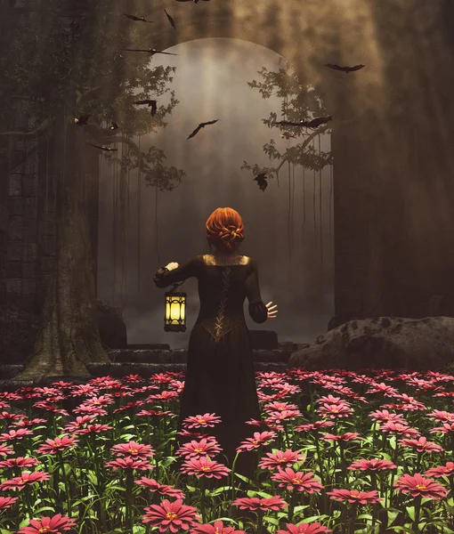 Middeleeuwse prinses met lantaarn 's nachts geheime tuin, 3d renderi — Stockfoto