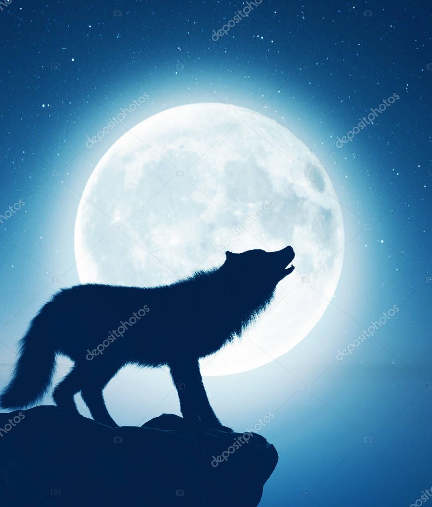 Wolf howling at the moon,3d illustration