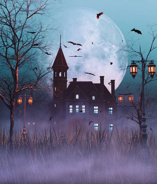 Haunted Manor Escena Para Halloween Rendering —  Fotos de Stock