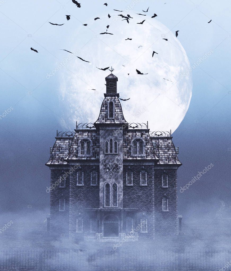 Haunted house scene for halloween,3d rendering