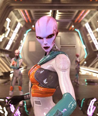 Uzay gemisindeki uzaylı kız, 3D görüntüleme.