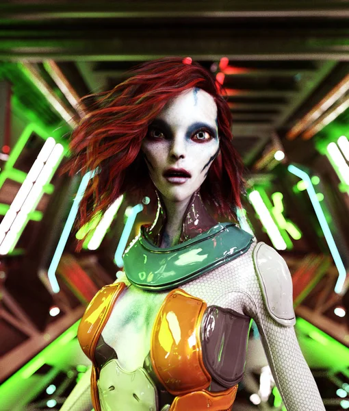 Alien Mädchen Raumschiff Darstellung — Stockfoto