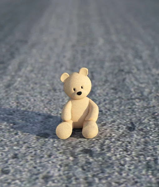 泰迪熊一个人坐在街上 3D渲染 — 图库照片