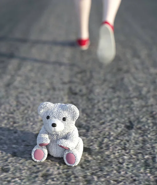 Teddy Urso Sentado Sozinho Rua Enquanto Menina Vai Embora Renderização — Fotografia de Stock