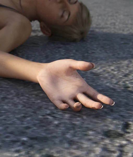 Unconscious girl on the street,concept for crime scene or book cover,3d rendering