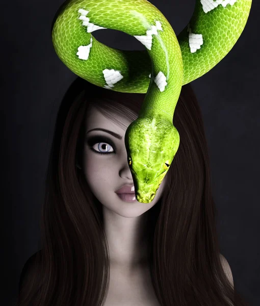 緑の木のパイソンと女性の肖像画 3Dレンダリング — ストック写真