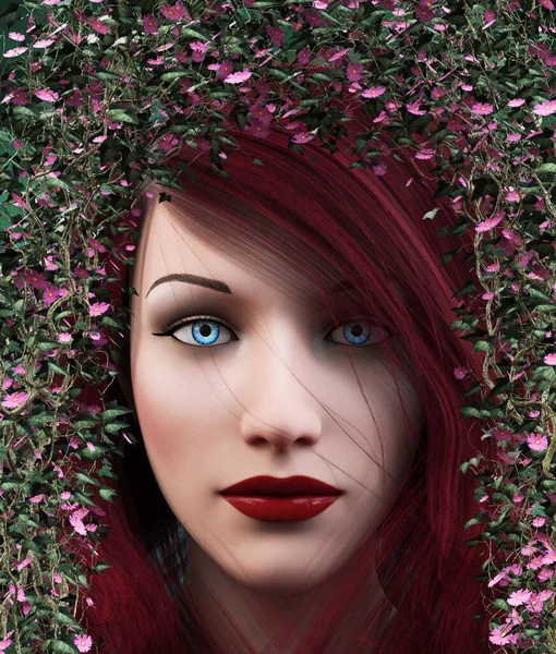 Portret Pięknej Kobiety Wiosennymi Kwiatami Renderowanie — Zdjęcie stockowe